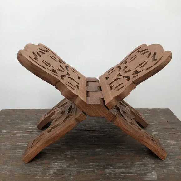 Vintage Teak Wood Book Holder Kitchen Stand Hand Carved Floral Leaf Design Foldi - Picture 6 of 9